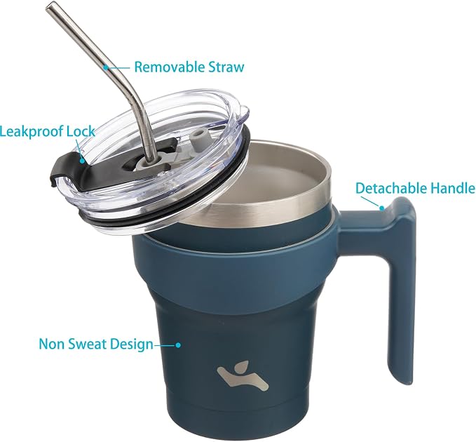 Konokyo 10 oz Tumbler with Handle and 2 Straw 2 Lid, Insulated Water Bottle Stainless Steel Vacuum Cup Reusable Travel Mug, Navy Blue