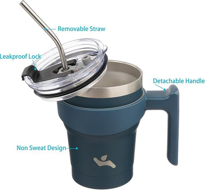 Konokyo 10 oz Tumbler with Handle and 2 Straw 2 Lid, Insulated Water Bottle Stainless Steel Vacuum Cup Reusable Travel Mug, Navy Blue