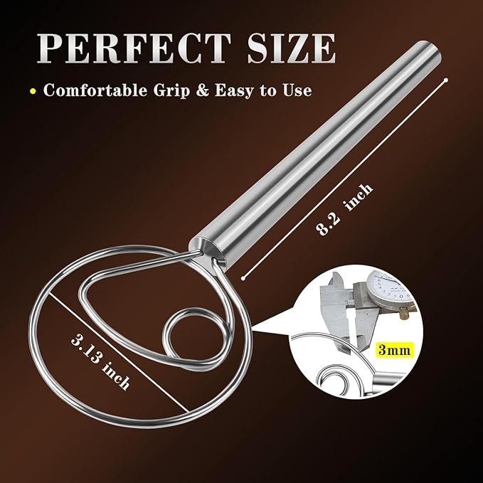 Danish Dough Whisk Stainless Steel Dough Hook Dutch Whisk for Sourdough Bread Dough Mixer Hand Wooden Handle Kitchen Whisking Mixing Tool Bread Making Tools and Supplies (Stainless Steel 1-eye)