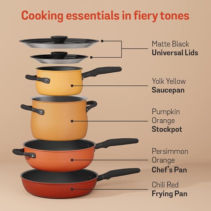 Meyer 6pc Stackable Set with Universal Lids | Hard Anodized Non Stick and Stainless Steel Pots and Pans | Induction Compatible | Dishwasher Safe | Oven Safe | Red, Orange, Yellow | Accent Cookware