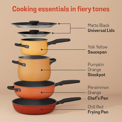 Meyer 6pc Stackable Set with Universal Lids | Hard Anodized Non Stick and Stainless Steel Pots and Pans | Induction Compatible | Dishwasher Safe | Oven Safe | Red, Orange, Yellow | Accent Cookware