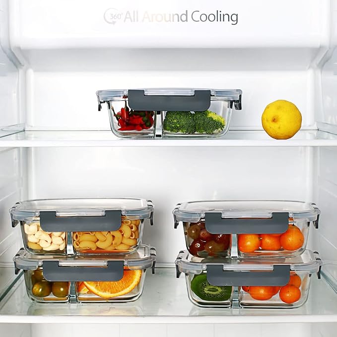 Meal Prep Containers - 2 Compartments with Glass Bowls with Lids, Food Storage Containers Dividers Airtight Lunch Containers, Bento Box for Oven Freezer, 10 Pack
