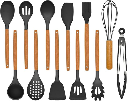 Kitchen Utensils Set - 12 Pcs Silicone Cooking Utensils Set with Wooden Handle - Heat Resistant Non-Stick BPA Free Spatula Set,Turner, Spoon, Brush, Silicone Kitchen Gadgets Utensil Set