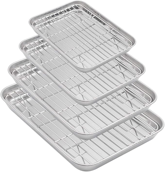 Aspire Baking Sheets and Racks Set, Stainless Steel Oven and Dishwasher Safe Wire Rack, Easy Clean-S + M + L + XL
