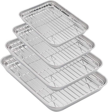 Aspire Baking Sheets and Racks Set, Stainless Steel Oven and Dishwasher Safe Wire Rack, Easy Clean-S + M + L + XL