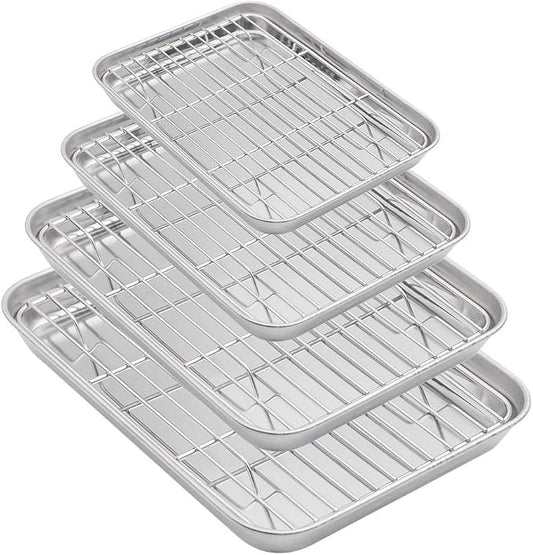 Aspire Baking Sheets and Racks Set, Stainless Steel Oven and Dishwasher Safe Wire Rack, Easy Clean-S + M + L + XL