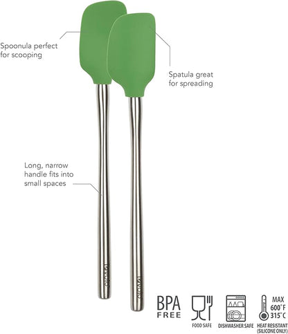 Tovolo Flex Core Mini Silicone Spatula Spoonula Set of 2 for Non Stick Cast Iron Cooking & Baking, Dishwasher Safe Heat Resistant BPA Free Small Stainless Steel Handle Kitchen Utensil, Pesto Green