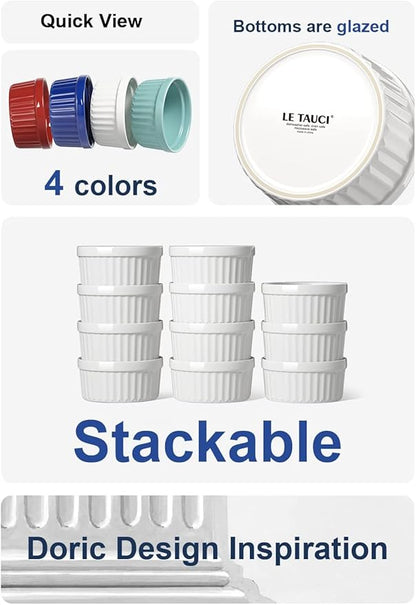 LE TAUCI Ramekins 4 OZ Oven Safe, Creme Brulee Ramekins, Pudding Custard Cups Souffle Ramiken, Dipping Sauce Dishes, Ceramic Ramekin Bowls Set of 6, White