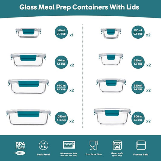 GENICOOK Glass Meal Prep Containers Set, 15 Pack Airtight Food Storage Containers with Locking Lids, Borosilicate Glass Lunch Containers BPA-Free for Healthy Eating, Microwave Oven Dishwasher Safe