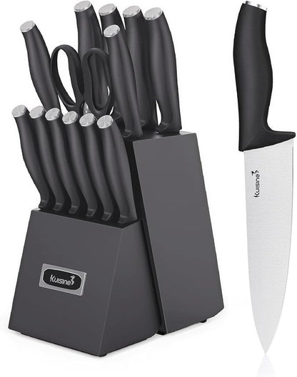 KUISINE Upgraded Chef Knife Set,High Carbon Stainless Steel Ultra Sharp Blade Ergonomic Handle,Kitchen Knife Block Set with Built-in Sharpener,Elegant Gift for Holiday(Silver Black,15PCS)