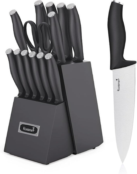 KUISINE Upgraded Chef Knife Set,High Carbon Stainless Steel Ultra Sharp Blade Ergonomic Handle,Kitchen Knife Block Set with Built-in Sharpener,Elegant Gift for Holiday(Silver Black,15PCS)