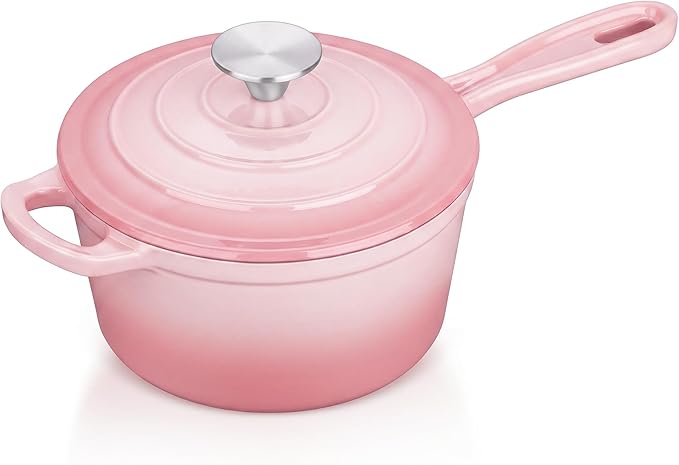 E-far Enameled Cast Iron Sauce Pan with Lid, 1 Quart Dutch Oven Saucepan, Mini Sauce Pot for Cooking, Boiling, Healthy & Non Toxic, Induction & Oven Safe, Pink