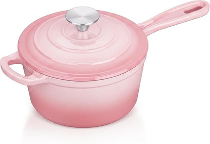 E-far Enameled Cast Iron Sauce Pan with Lid, 1 Quart Dutch Oven Saucepan, Mini Sauce Pot for Cooking, Boiling, Healthy & Non Toxic, Induction & Oven Safe, Pink