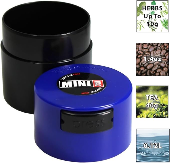 Minivac - 10g to 30 grams Airtight Multi-Use Vacuum Seal Portable Storage Container for Dry Goods, Food, and Herbs - Dark Blue Cap & Black Body