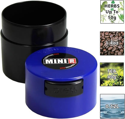 Minivac - 10g to 30 grams Airtight Multi-Use Vacuum Seal Portable Storage Container for Dry Goods, Food, and Herbs - Dark Blue Cap & Black Body