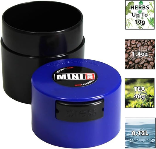 Minivac - 10g to 30 grams Airtight Multi-Use Vacuum Seal Portable Storage Container for Dry Goods, Food, and Herbs - Dark Blue Cap & Black Body