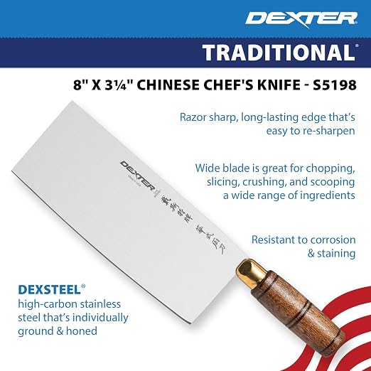 Dexter-Russell S5198 Traditional Chinese Chef’s Knife, 8" x 3-1/4" High Carbon Stain-Free Steel Blade, Walnut Handle, Professional USA Made Chef’s Knife for Precise Chopping and Slicing