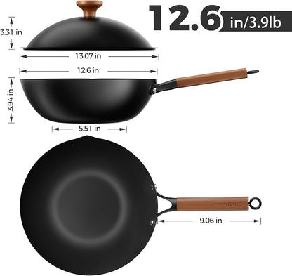 Sanho 12.6 Inch Carbon Steel Wok Pan, 5QT Woks & Stir-Fry Pans Nonstick with Lid, No Seasoning Required & 0 Coating, Compatible with All Cooktops & Utensils for Stir Fry, Pan-Fry, Steam, Camping