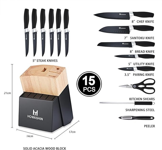 Black Knife Set, Howashin 15 Pieces Knife Sets for Kitchen with Block, Dishwasher Safe Kitchen Knife Set with Sharpener, German Stainless Steel Black Knife Block Set