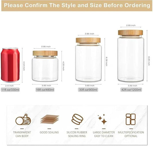 3 Pack 1200 ml / 42 oz clear cute glass storage canister holder with airtight bamboo lid, modern decorative small container jar for coffee, spice, candy, salt, cookie, condiment, pepper, sugar