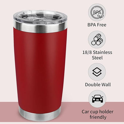20oz Stainless Steel Tumbler Bulk with Lid, Travel Mug - Double Wall Vacuum Powder Coated Cup - Red, 12 Pack