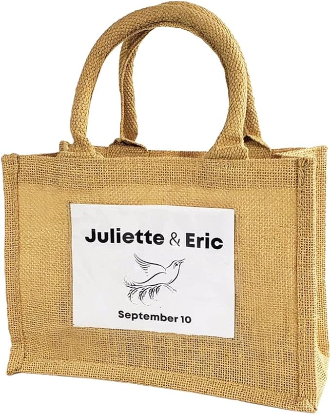 TBF Sturdy Cute Natural Jute Burlap Small Rustic Wedding Welcome Gift Bags with Clear Front Pocket