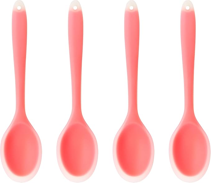 4Pcs Silicone Cooking Spoon, Heat-Resistant Nonstick Silicone Spoon for Stirring, Mixing, Cooking, Baking and Daily Use(Coral)
