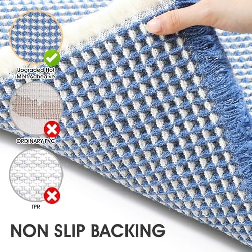 IM HOME Waffle Bath Mat Blue & Cream 4'x2', Boho Woven Modern Bath Mat Rugs, Absorbent Non Slip Bathroom Rugs, Soft Washable Bath Rugs with Tassels for Bathroom, Bedroom, Kitchen, Shower, Tub