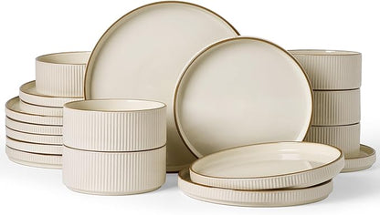 Famiware Star 18-Piece Stoneware Plates and Bowls Sets, Service for 6, Ceramic Dinnerware with Trim, Modern Rustic Dishes for Everyday/Formal, Chip/Scratch Resistant, Microwave/Dishwasher Safe, Cream