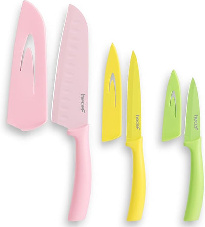 hecef Colorful Knife Set, 3 Pieces with Covers, Dishwasher Safe, Stainless Steel Colour Coded Non-Stick Cooking Knives Including Paring, Utility, Bread, Carving