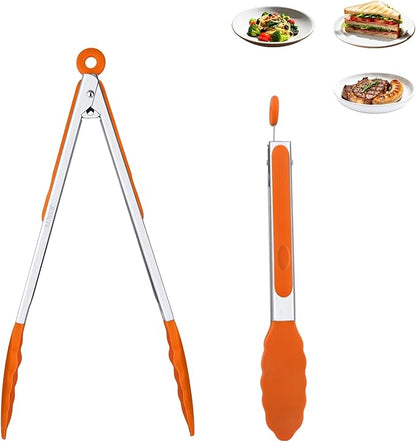 9+12 Inch Orange Salad Tongs 2-Piece Set, Silicone with 304 Stainless Steel Core & Non-Slip Grip, Kitchen Utensils for Grilling Salad
