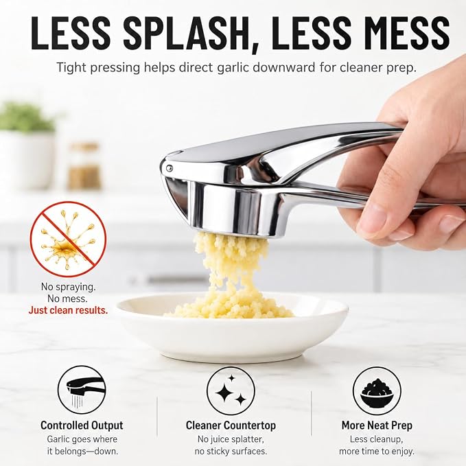 Garlic Press with Cleaning Brush, Zinc Alloy Garlic Mincer, Easy-Squeeze Garlic Crusher with Non-Slip TPR Handle, Mirror Polished Kitchen Tool for Fine Minced Garlic, Garlic Smasher for Daily Cooking