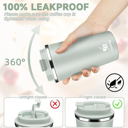 Insulated Travel Coffee Mug Reusable Coffee Tumbler Cup with Flip Lid Leak Proof Spill Proof for Office School Party Camping Hot and Cold Drink,Stainless Steel 17oz (Agave Green)