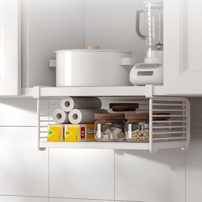 Under Shelf Storage Basket, Metal Wire Slide -in Under Cabinet Organizer, Space-Saving Hanging Organizer for Kitchen, Pantry, Office, Closet, White, 1 Pack(12.2")