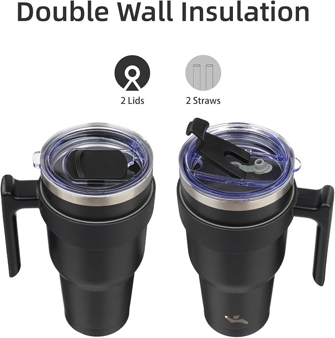 Konokyo 40 oz Tumbler with Handle and 2 Straw 2 Lid, Insulated Water Bottle Stainless Steel Vacuum Cup Reusable Travel Mug,Black