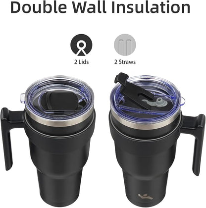 Konokyo 30 oz Tumbler with Handle and 2 Straw 2 Lid, Insulated Water Bottle Stainless Steel Vacuum Cup Reusable Travel Mug,Black