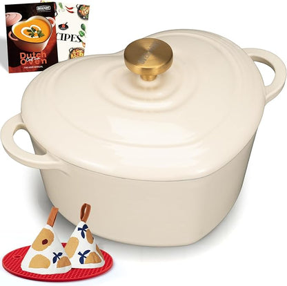 Overmont Heart-Shaped Enameled Cast Iron Dutch Oven, 2QT Pink Mini Pot with Lid for Cozy Meals, Soups & Small Batch Baking, Cute Kitchen Cookware Gift for Wedding, Housewarming & Birthday