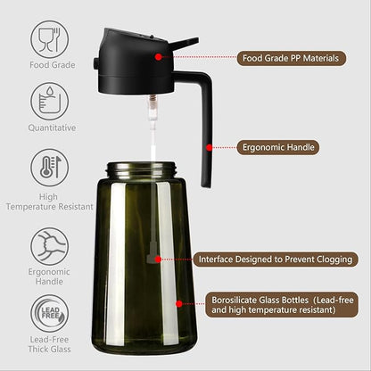 SWEET VIEW 2PCS Olive Oil Dispenser and Oil Sprayer – 16oz/470ml Glass Light-Proof Oil Pourer for Kitchen Air Fryer, Cooking, Salad, and BBQ, with Stickers