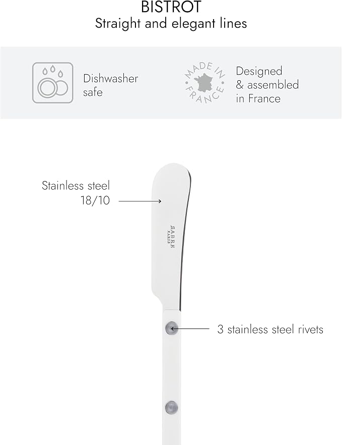 Sabre Paris - Set of 2 Spreader Knives 5.5 inches - Bistrot Collection - Perfect for Butter, Tapenades, Spreads - Stainless Steel & Nylon - Dishwasher Safe - White - Brilliant Finish