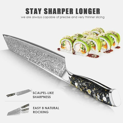 KEENZO Kiritsuke Knife 8 inch, Professional Chef Knife, Razor Sharp Japanese Hand Forged 67 Layers Damascus Steel Cooking Knife for Cooking,Kitchen,Gold Foil Resin Handle with Gift Box
