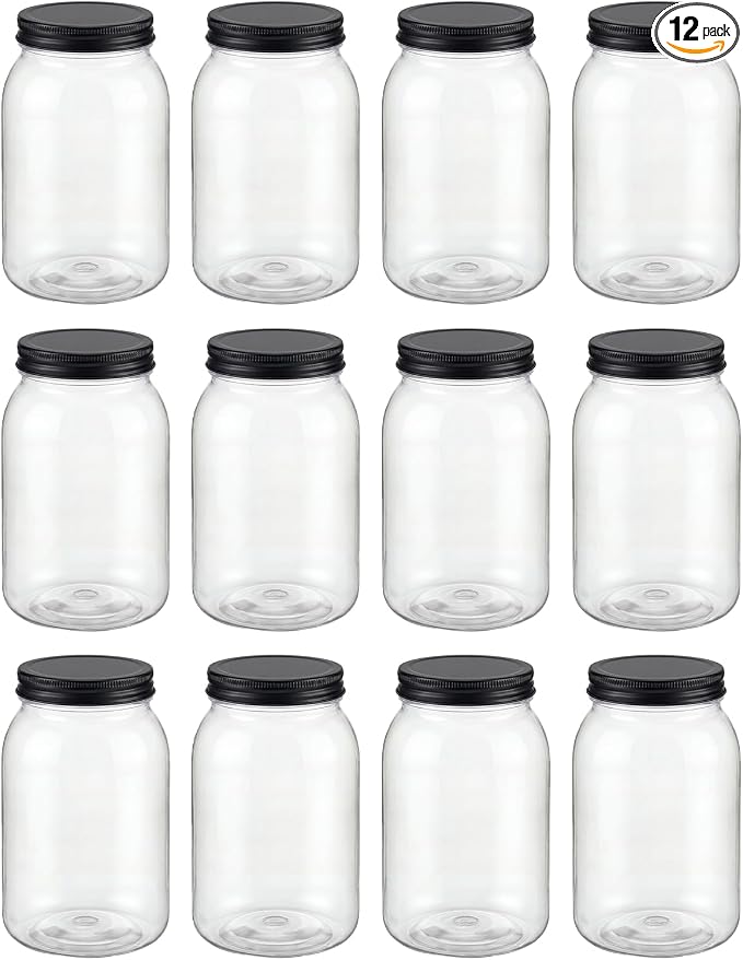 novelinks 32 oz Mason Jars with Plastic Lids, 12 Pack Large Plastic Salad Jars with Lids 32oz, Reusable Spice Containers & Kitchen Jars for Pantry Organization (12 Pack,Black)