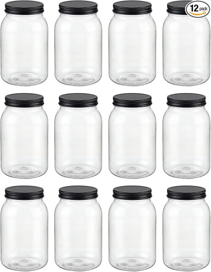 novelinks 32 oz Mason Jars with Plastic Lids, 12 Pack Large Plastic Salad Jars with Lids 32oz, Reusable Spice Containers & Kitchen Jars for Pantry Organization (12 Pack,Black)