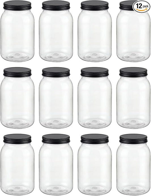 novelinks 32 oz Mason Jars with Plastic Lids, 12 Pack Large Plastic Salad Jars with Lids 32oz, Reusable Spice Containers & Kitchen Jars for Pantry Organization (12 Pack,Black)