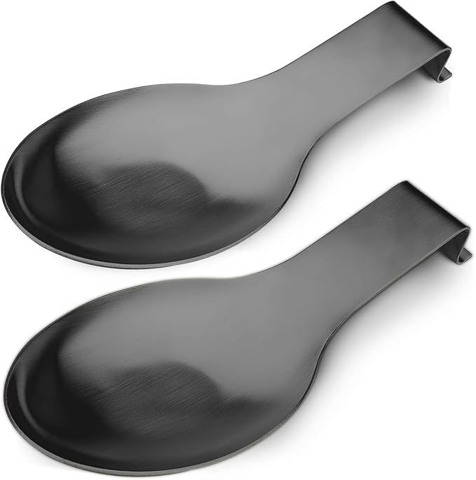 VanlonPro Stainless Steel Spoon Rest, Spatula Ladle Holder, Stainless Steel Utensil Spoon Rest Holder, Brushed Finish, Dishwasher Safe 9.8 x 3.7 Inch (Black 2PCS)