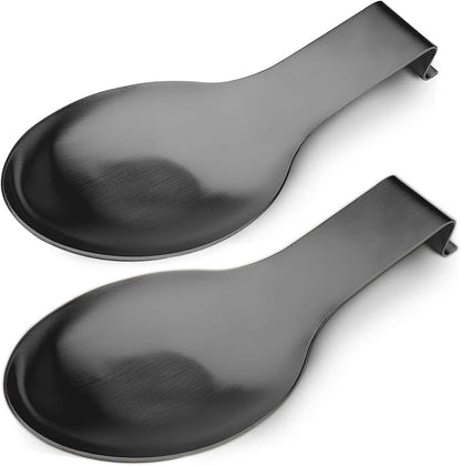 VanlonPro Stainless Steel Spoon Rest, Spatula Ladle Holder, Stainless Steel Utensil Spoon Rest Holder, Brushed Finish, Dishwasher Safe 9.8 x 3.7 Inch (Black 2PCS)