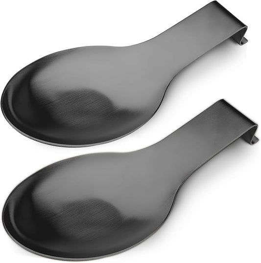 VanlonPro Stainless Steel Spoon Rest, Spatula Ladle Holder, Stainless Steel Utensil Spoon Rest Holder, Brushed Finish, Dishwasher Safe 9.8 x 3.7 Inch (Black 2PCS)