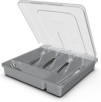 Silverware Tray with Lid, Utensil Holder for Kitchen Counter Plastic Flatware Organizers and Storage holder 5 Compartments Grey