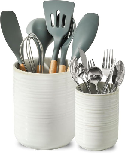 HASENSE Cooking Utensil Holder, 7.4"+5.5" Ceramic Kitchen Utensil Holder for Counter, Rustic Utensil Oganizer Crocks for Spatula, Ice Bucket Gift for Dad, Set of 2, Clay-Infused White
