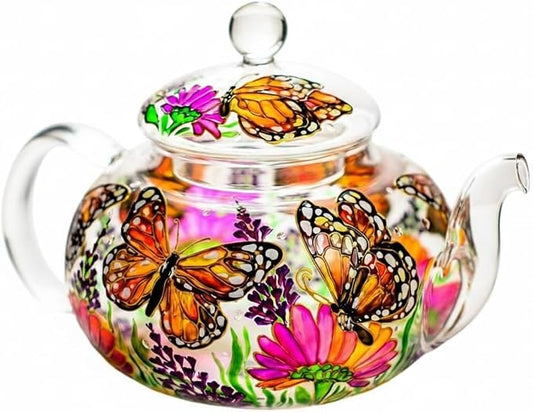 Hand Painted Monarch Butterflies and Flowers Glass Teapot with Removable Infuser, Exclusive Teapot Gift Handmade Mother's Day Gift Idea