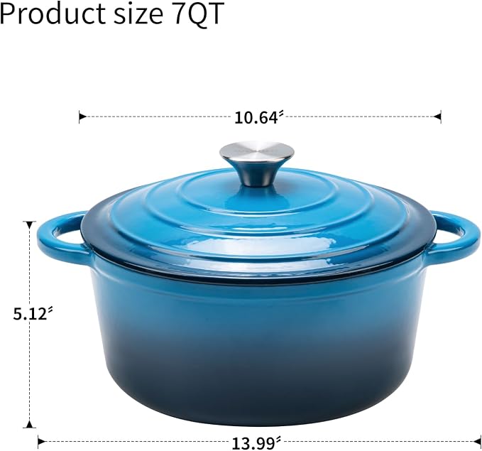 Enameled Cast Iron Dutch Oven - 7QT Pot with Lid,Oven Safe to 500°F,Heavy-Duty Cookware for Sourdough Bread Baking,Braising,Stews,Roasting Blue